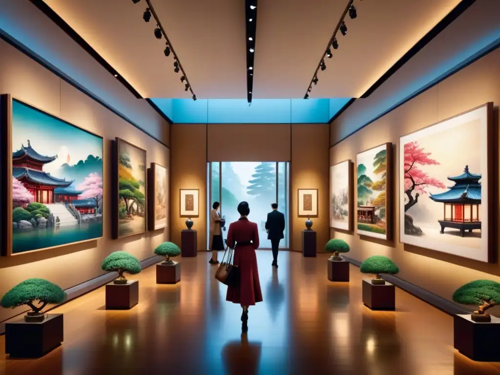 Una vibrante galería de arte en Asia, con visitantes de diversas etnias admirando piezas bajo cálidas luces galería