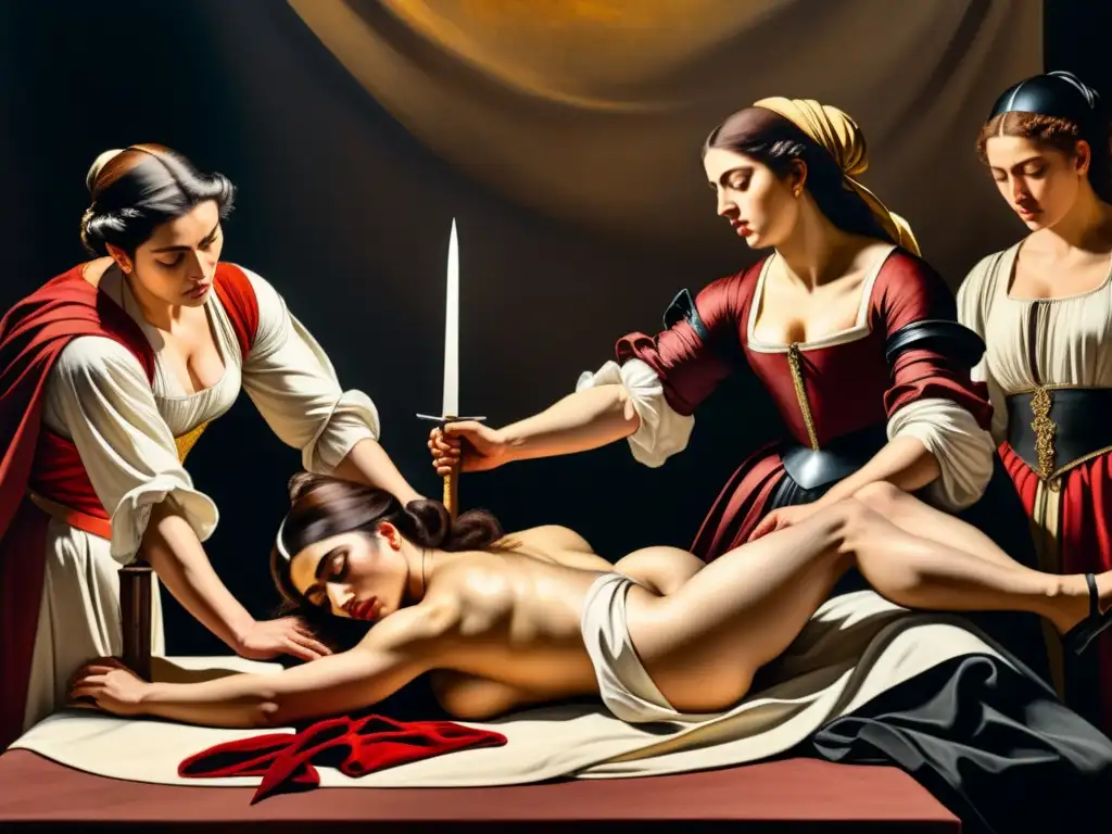 Vibrante ilustración acuarela de Caravaggio, Judith decapitando a Holofernes, arte visual historia renacimiento