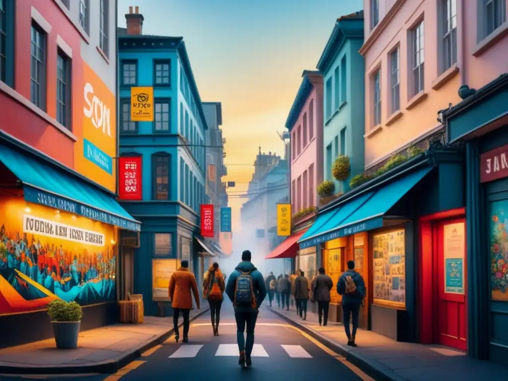 Cityscape vibrante: evolución del arte callejero Un vibrante lienzo de acuarela que muestra la evolución del arte callejero galerías al aire libre, con murales coloridos y gente admirando