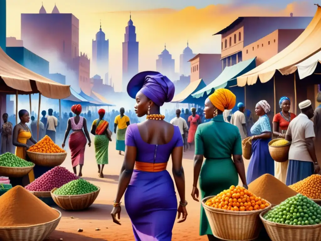 Vibrante mercado africano en acuarela detallada, reflejando la fusión de tradición y modernidad en el arte africano contemporáneo impacto sociedad