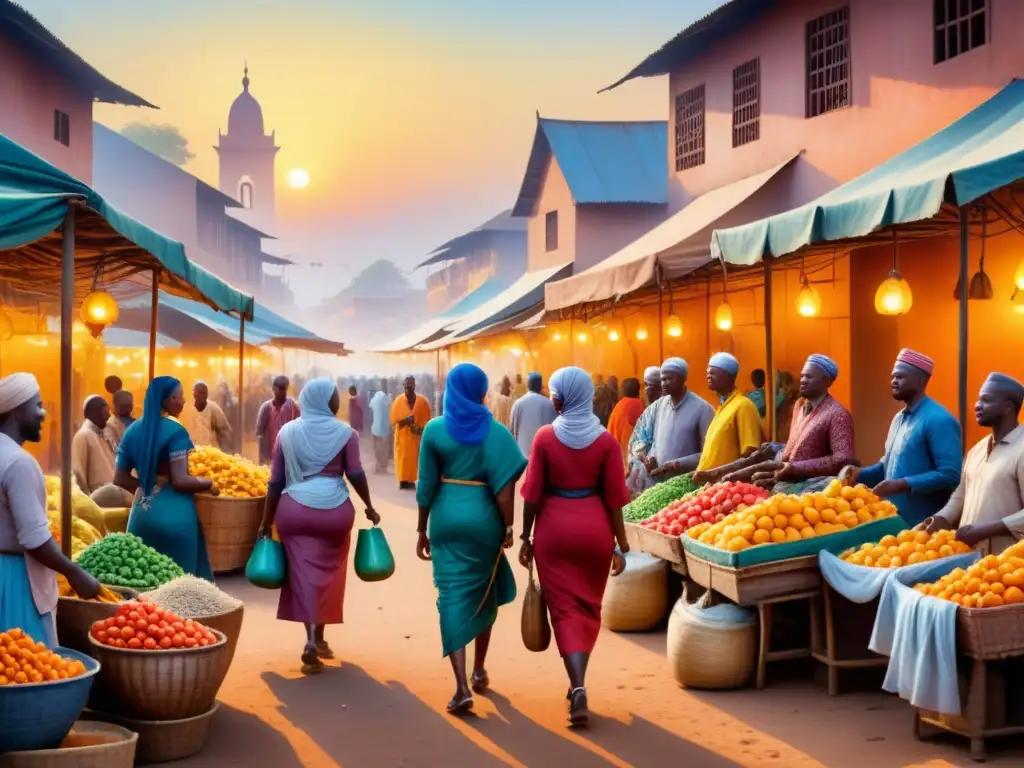 Vibrante mercado africano al amanecer en acuarela detallada, reflejando la vida y color del arte africano contemporáneo