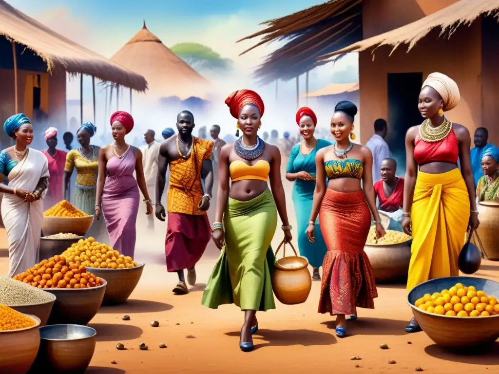 Un vibrante mercado africano en acuarela detallada, reflejando la diversidad y unidad del arte africano contemporáneo