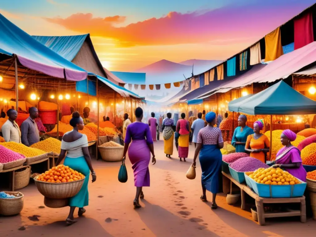 Un vibrante mercado africano en acuarela, reflejando tendencias arte visual africano