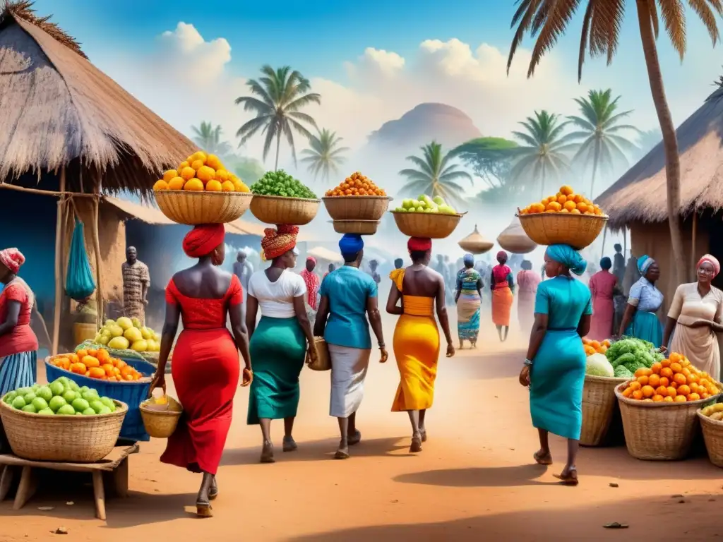 Vibrante mercado africano en acuarela, reflejando la vida diaria con colores y energía