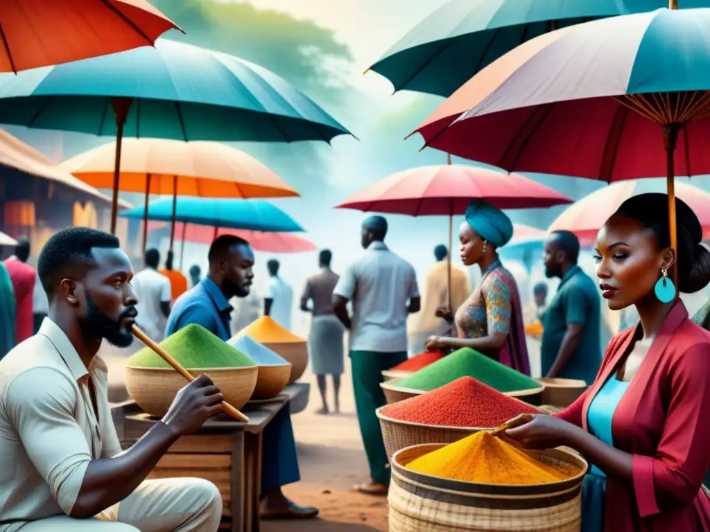 Un vibrante mercado africano con artistas creando arte tradicional usando técnicas contemporáneas