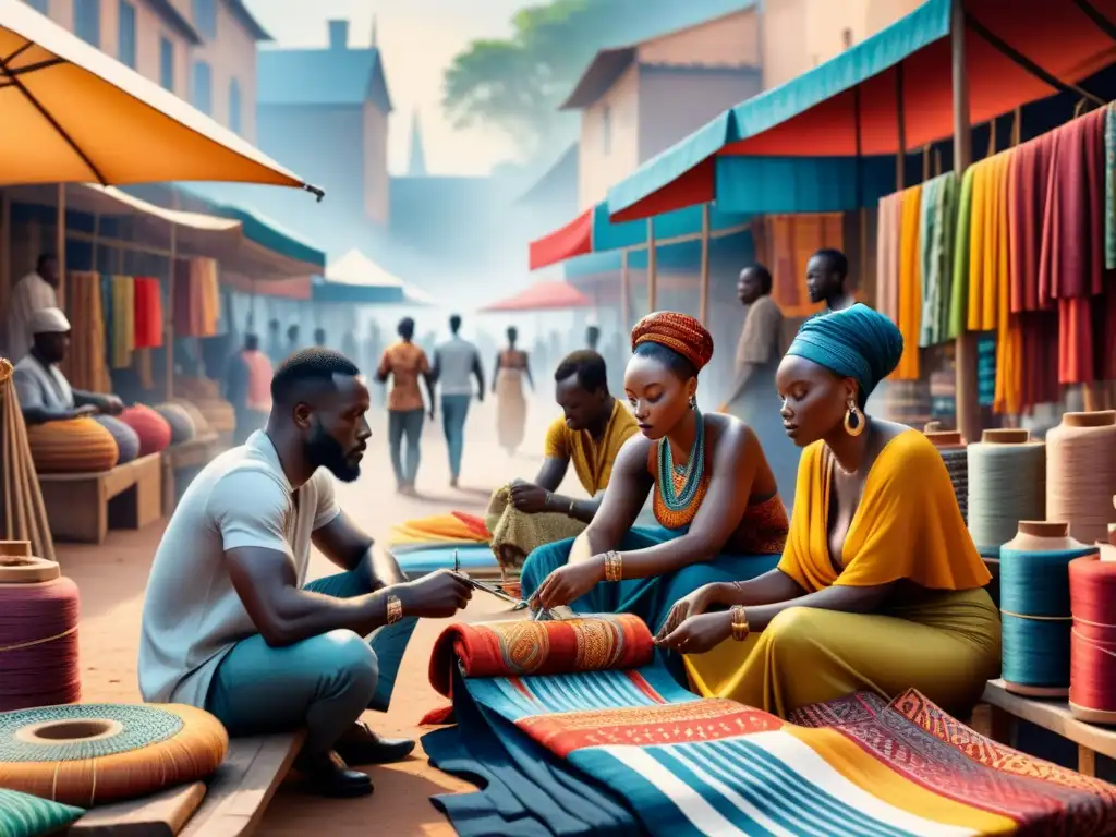 Un vibrante mercado africano donde artistas textiles contemporáneos crean con innovación y tradición