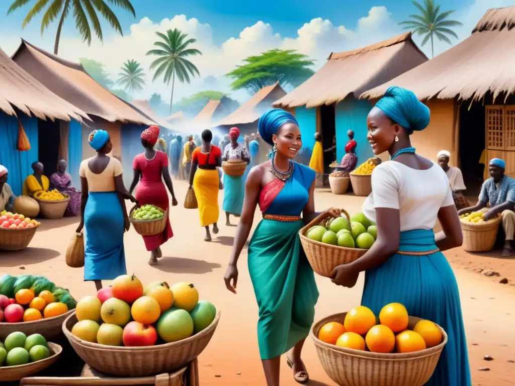 Un vibrante mercado africano capturado en una pintura acuarela con narrativa visual arte africano contemporáneo