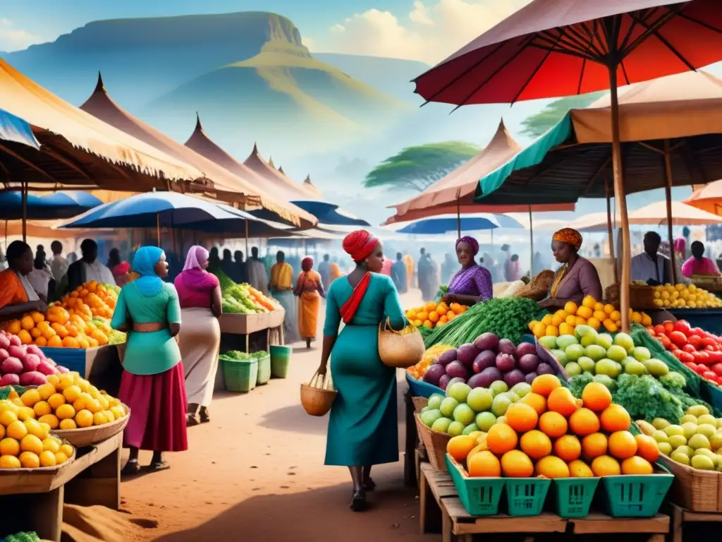 Un vibrante mercado africano: colores, texturas, contraste, vida y arte en este detallado acuarela