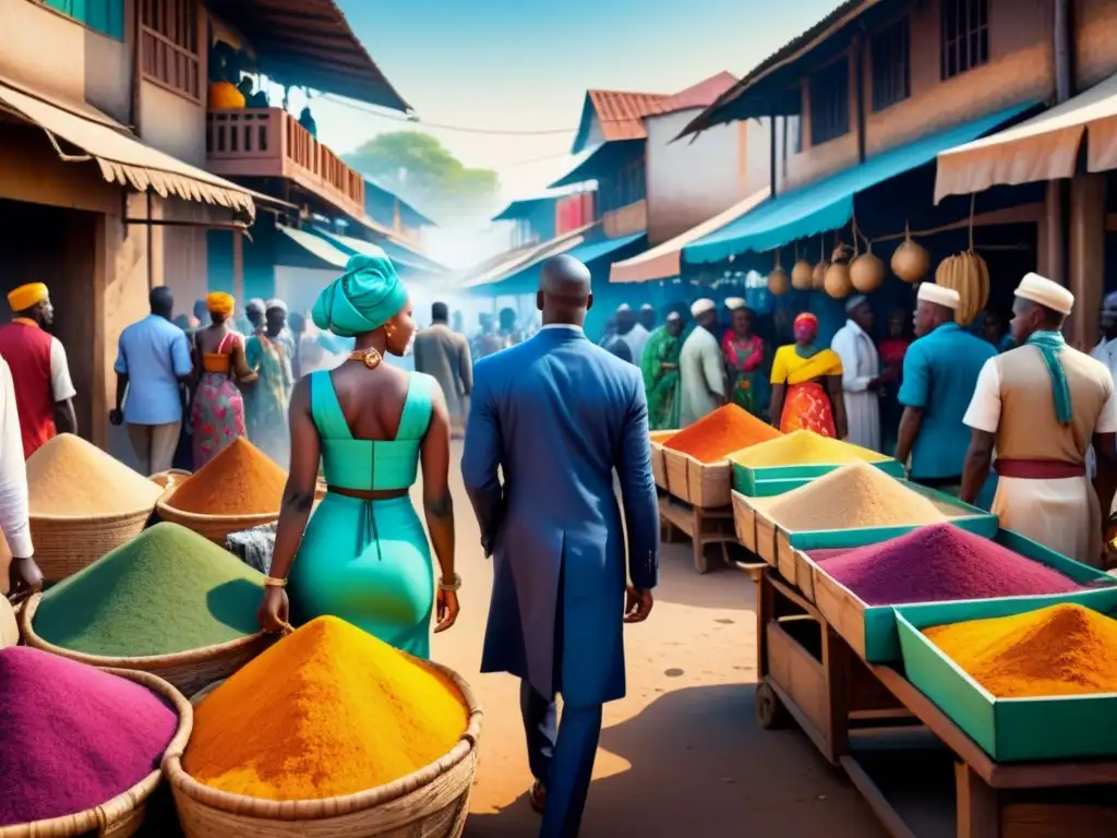 Vibrante mercado africano con coloridos puestos y multitud, una intersección cultural de arte visual africano