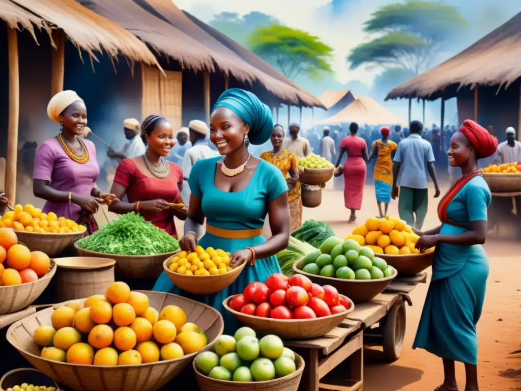 Un vibrante mercado africano lleno de vida y color, donde artistas africanos crean arte para el cambio social