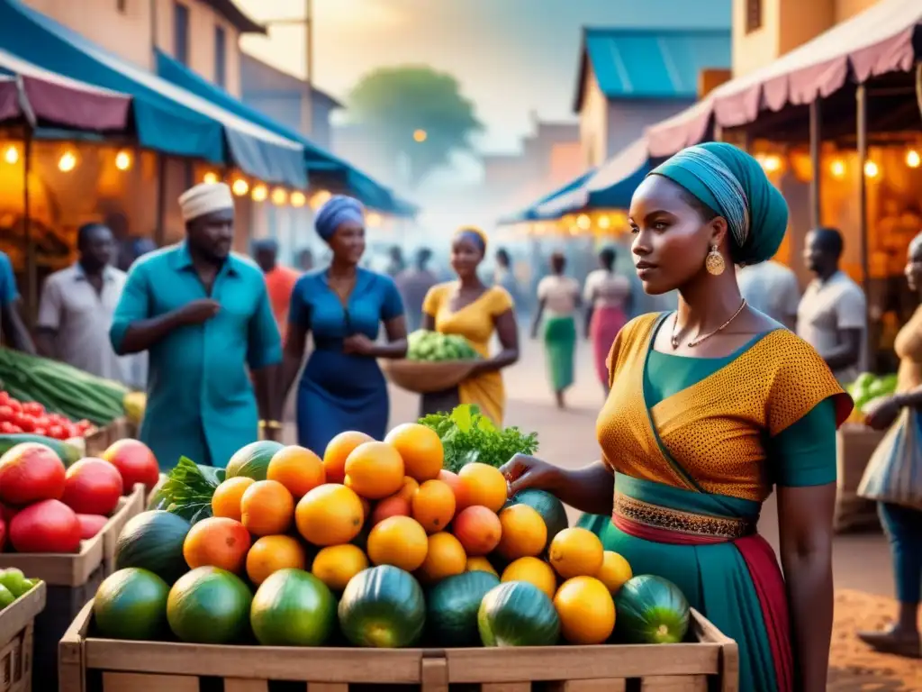 Vibrante mercado africano: mujeres vendiendo productos frescos, niños jugando