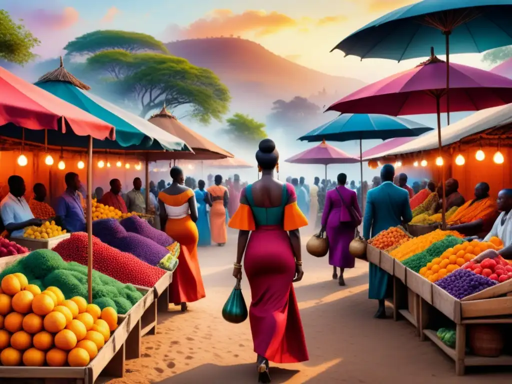 Un vibrante mercado africano con una paleta de colores que simboliza el arte africano contemporáneo