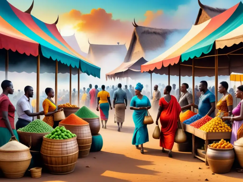 Vibrante mercado africano, reflejo de la intersección cultural en arte visual africano