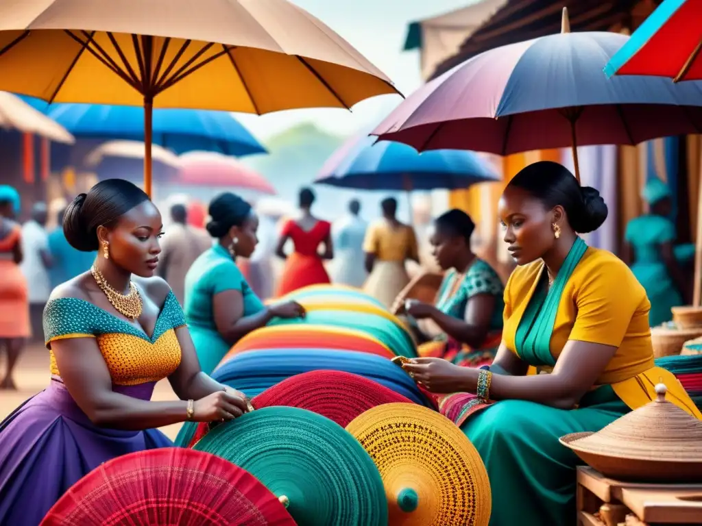 Un vibrante mercado africano de telas, con colores y patrones únicos que reflejan el innovador arte textil africano contemporáneo