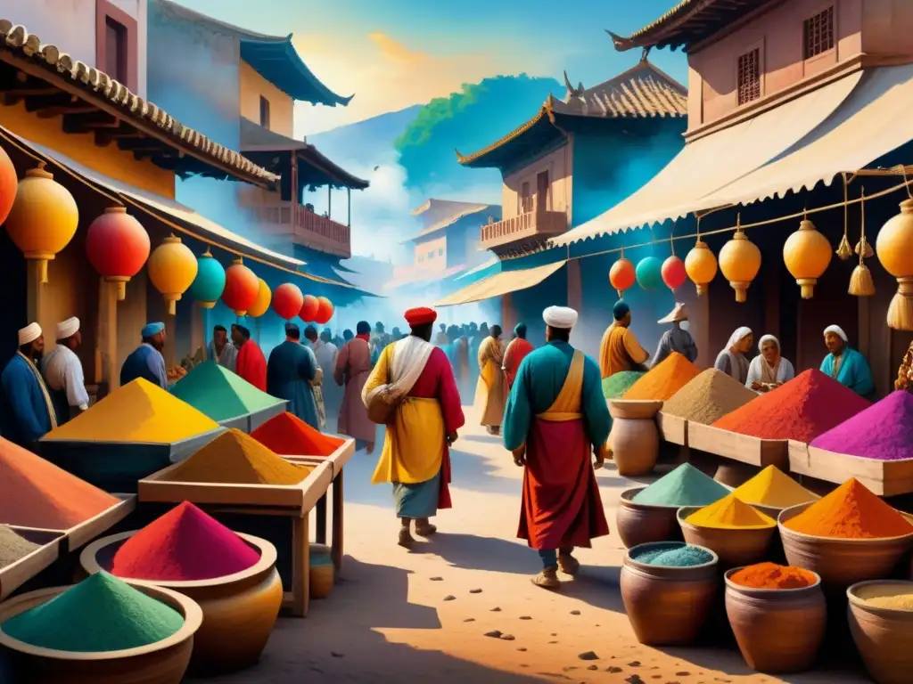 Un vibrante mercado de una antigua civilización en acuarela, resaltando la Importancia cultural pigmentos arte visual
