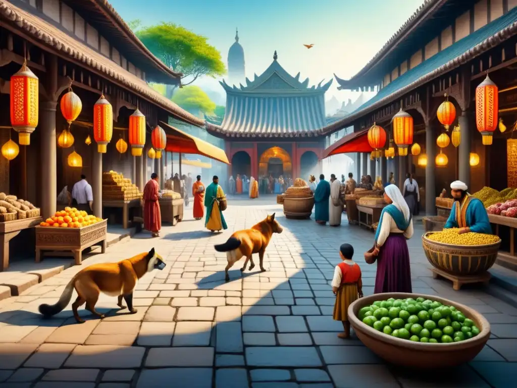 Vibrante mercado antiguo en mosaico: baratijas, vendedores y exóticos animales bajo arquitectura histórica