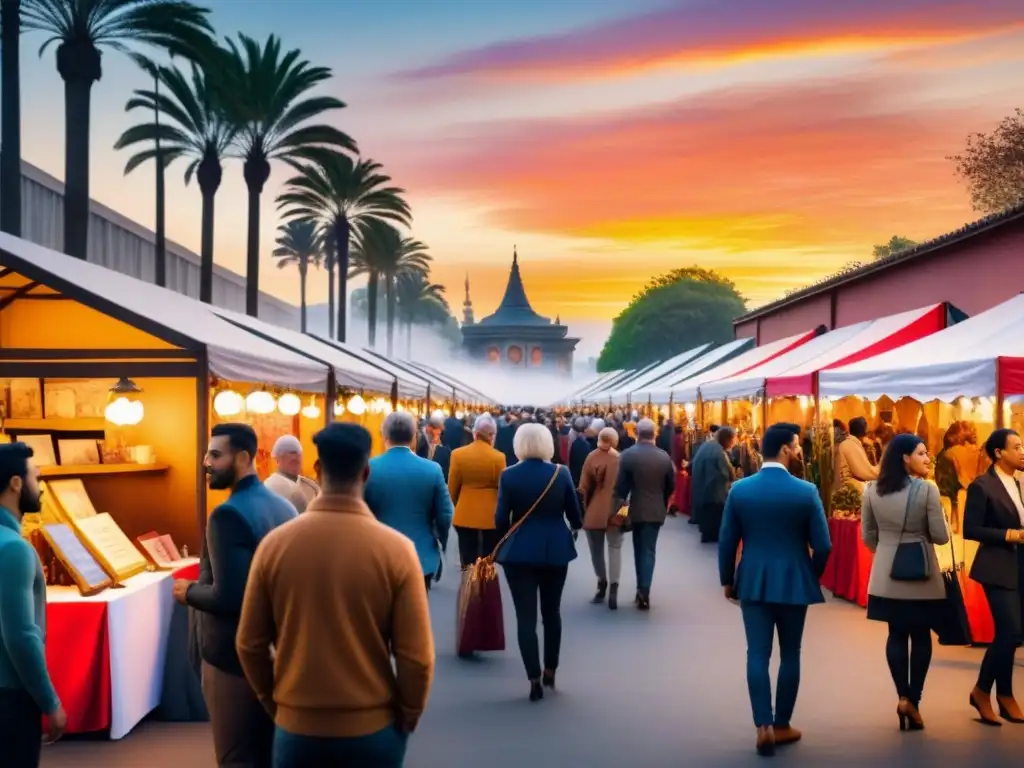 Escena vibrante en feria de arte: colores ricos y creatividad Un vibrante mercado de arte contemporáneo con puestos coloridos y visitantes conversando con artistas bajo un atardecer cálido