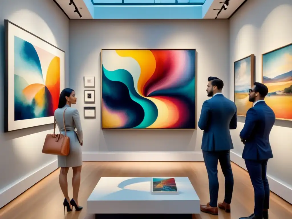 Un vibrante mercado de arte: galería elegante con diversa obra, visitantes en conversación, destacando una pintura abstracta creativa