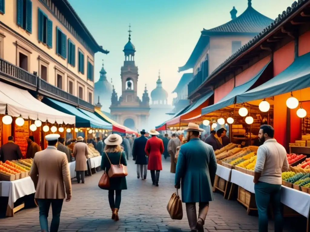 Vibrante mercado de arte en un escenario histórico con vendedores y compradores, en un ambiente cultural