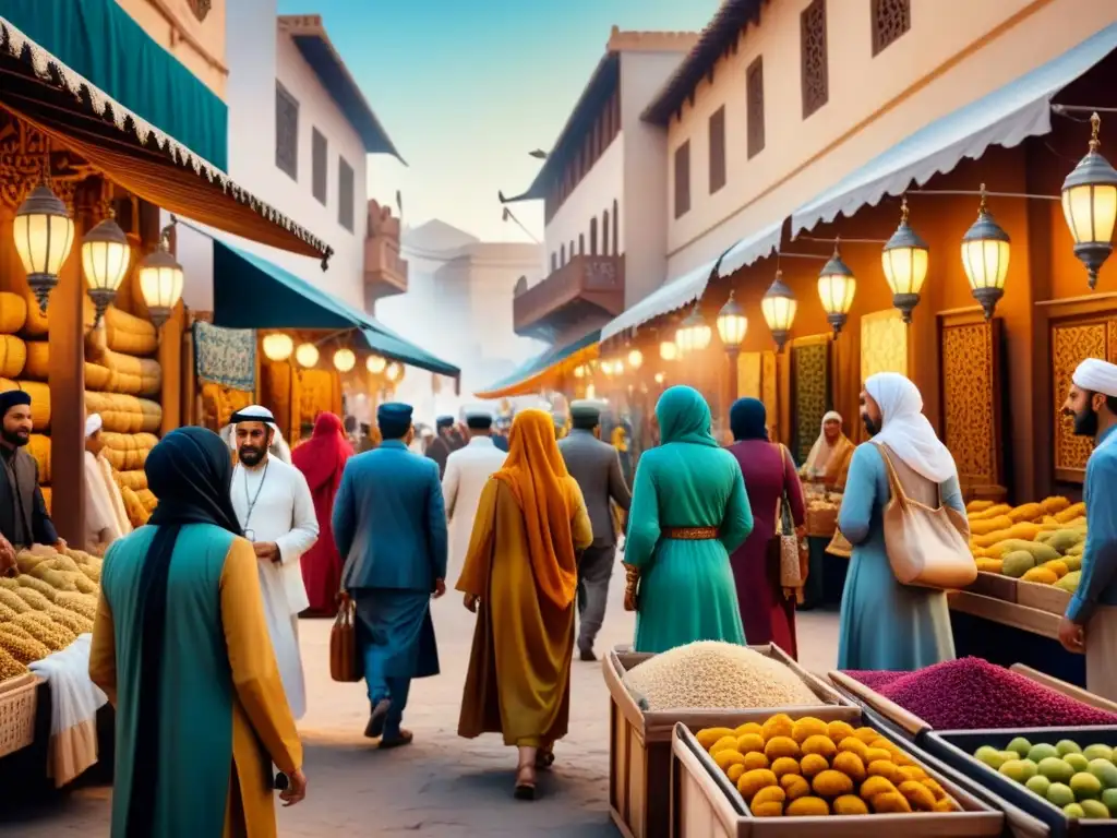 Un vibrante mercado de arte en Medio Oriente, con colores y patrones detallados