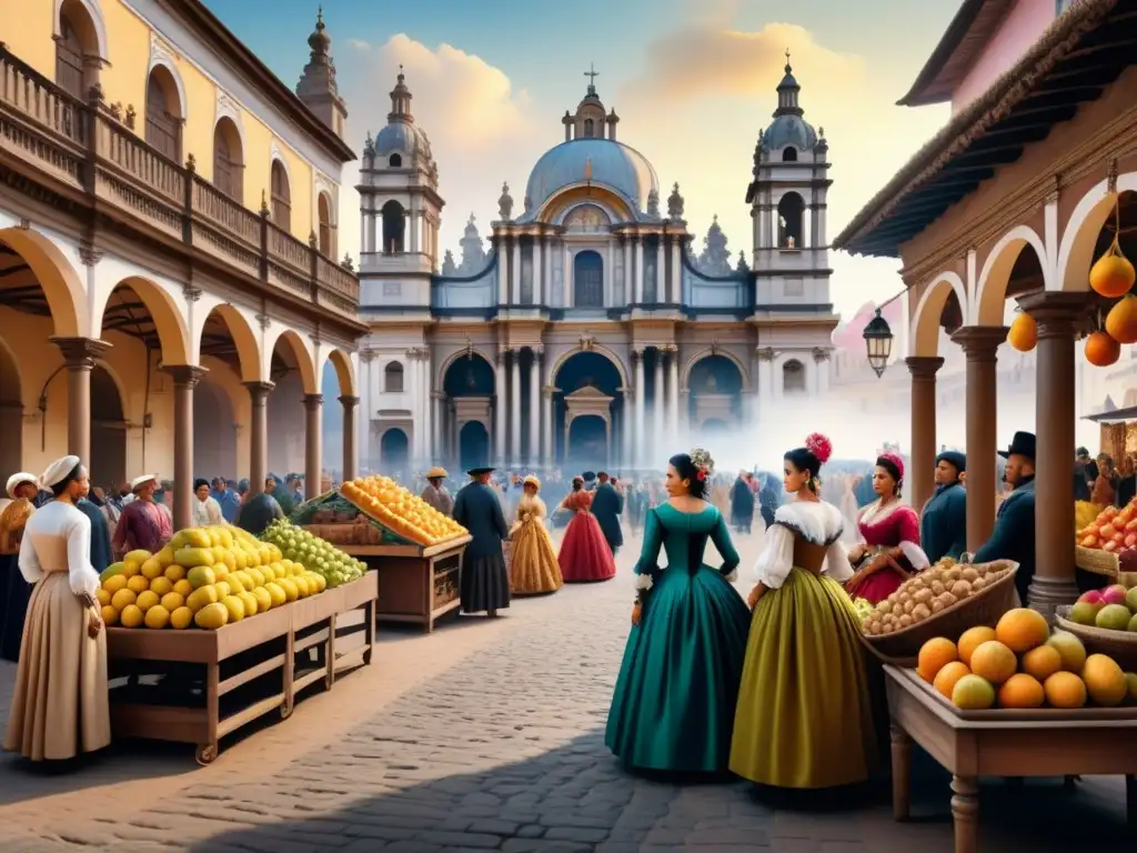 Vibrante mercado colonial en plaza de pueblo latinoamericano durante el Barroco en arte visual viajeros