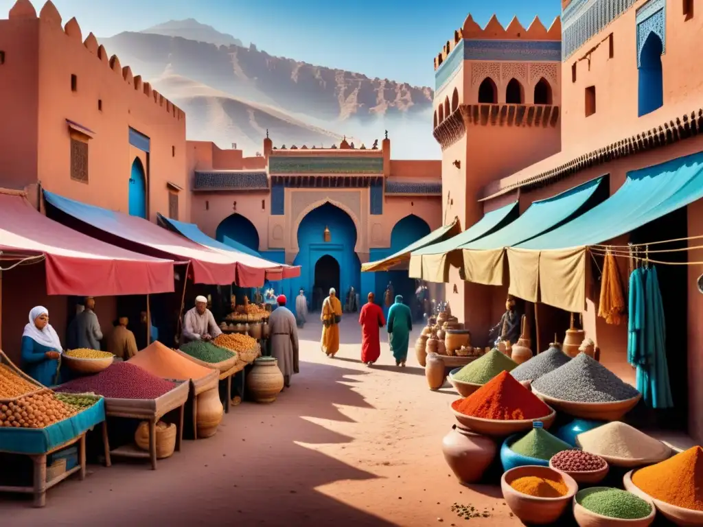 Un vibrante mercado en Marrakech con colores exuberantes y arquitectura detallada, evocando la Psicología del color en el arte digital