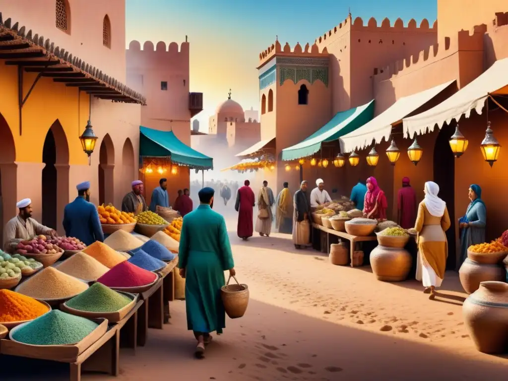 Un vibrante mercado en Marruecos con detalles coloridos que reflejan una intersección cultural en arte visual