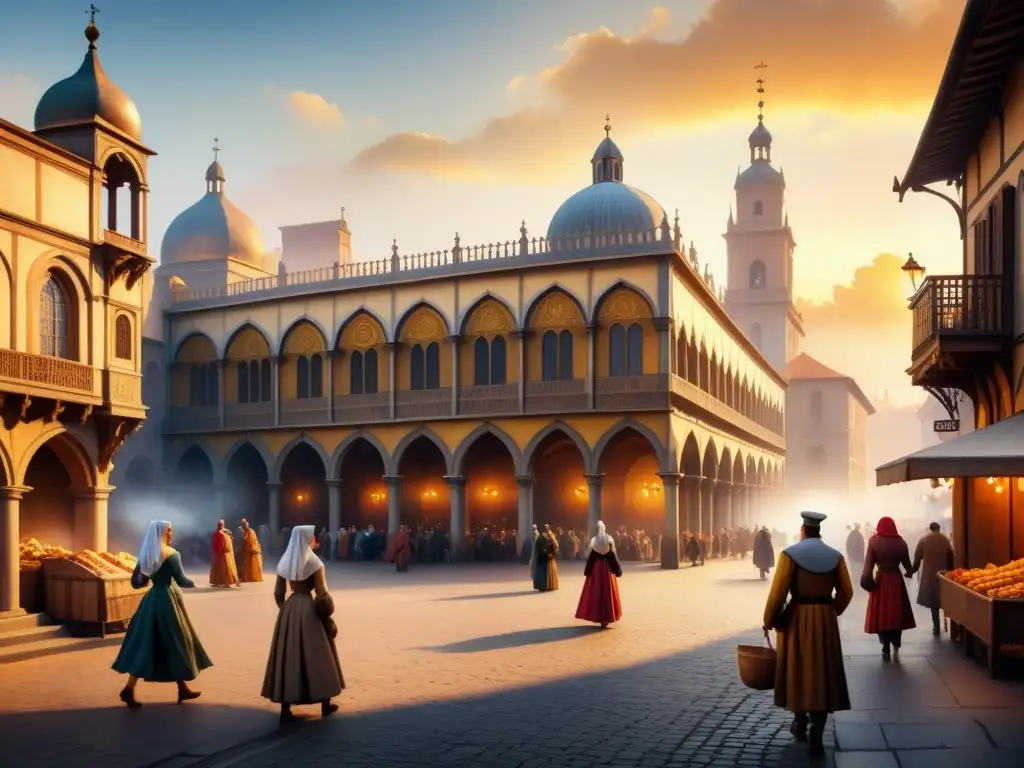 Plaza renacentista: mercado dorado al atardecer Un vibrante mercado renacentista iluminado por la cálida luz dorada del atardecer