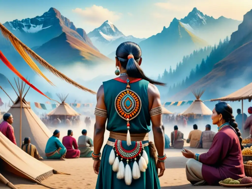 Mercado de arte indígena: detallada acuarela vibrante Un vibrante mercado indígena con arte detallado en acuarela