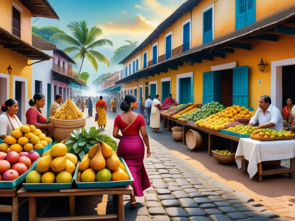 Mercado Latino con Arte y Colorido Un vibrante mercado latinoamericano en acuarela detallada: un festín sensorial de colores, texturas y cultura en espacios no convencionales