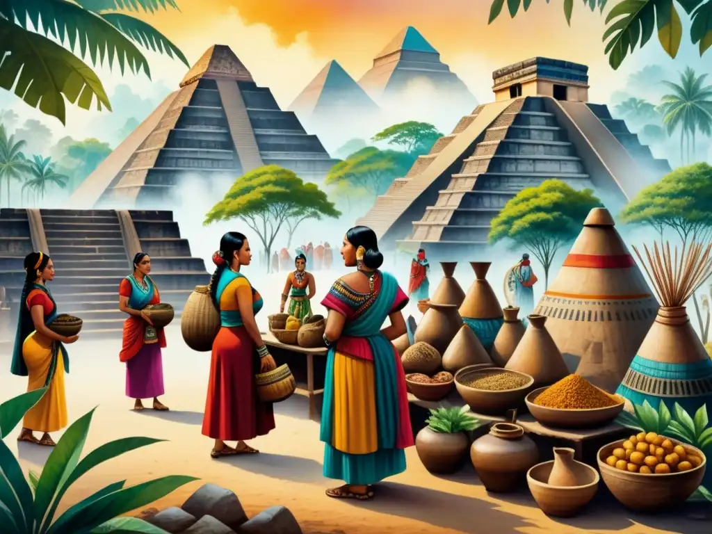 Vibrante mercado maya con mujeres vendiendo textiles y hombres comerciando, rodeados de pirámides y selva