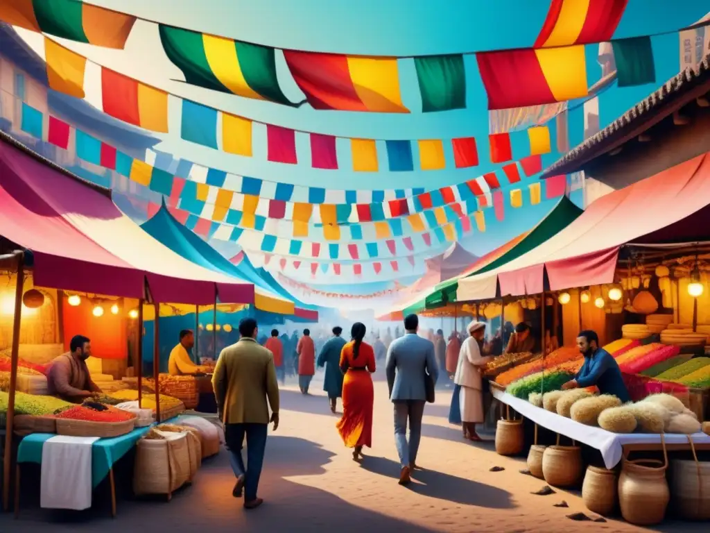 Un vibrante mercado multicultural bajo banderas coloridas, reflejando la influencia de culturas extranjeras en el arte local