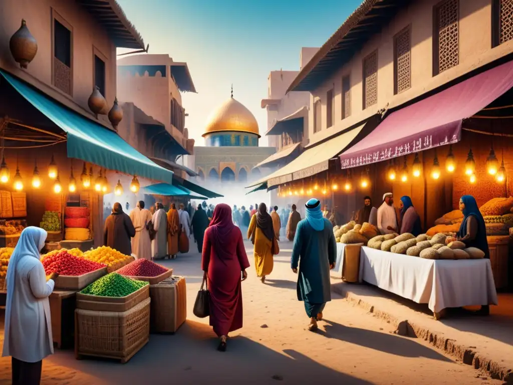 Vibrante mercado del Medio Oriente en acuarela, reflejando la intersección entre tradición y progreso