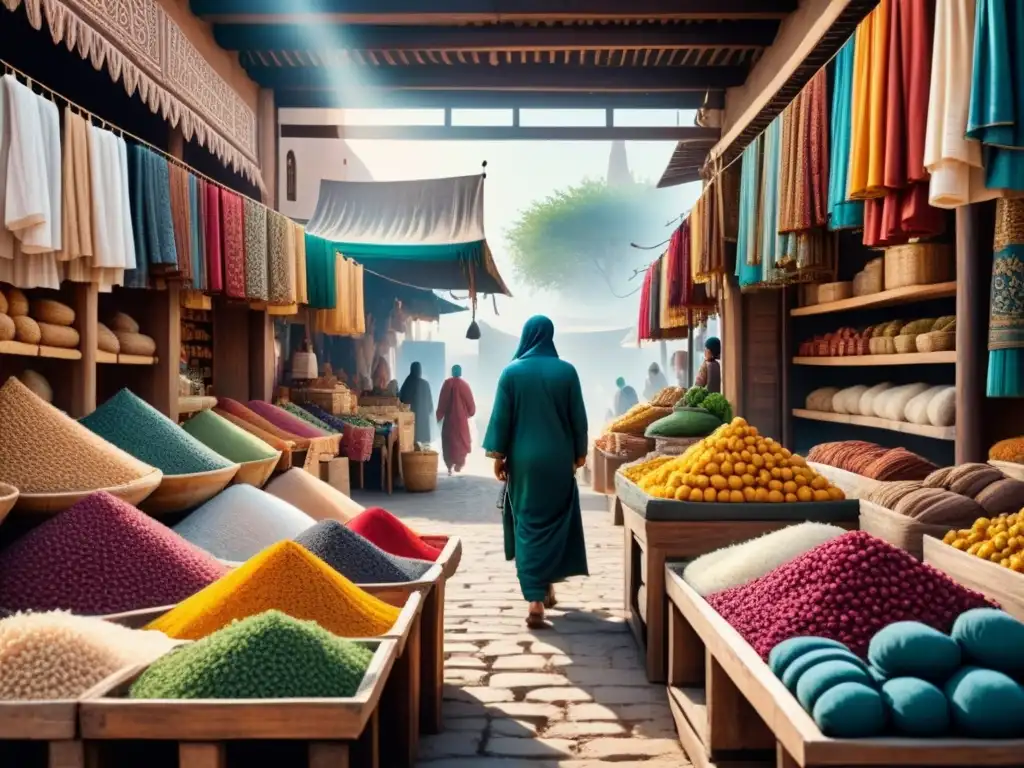 Un vibrante mercado del Medio Oriente en acuarela: Arte textil Medio Oriente contemporáneo