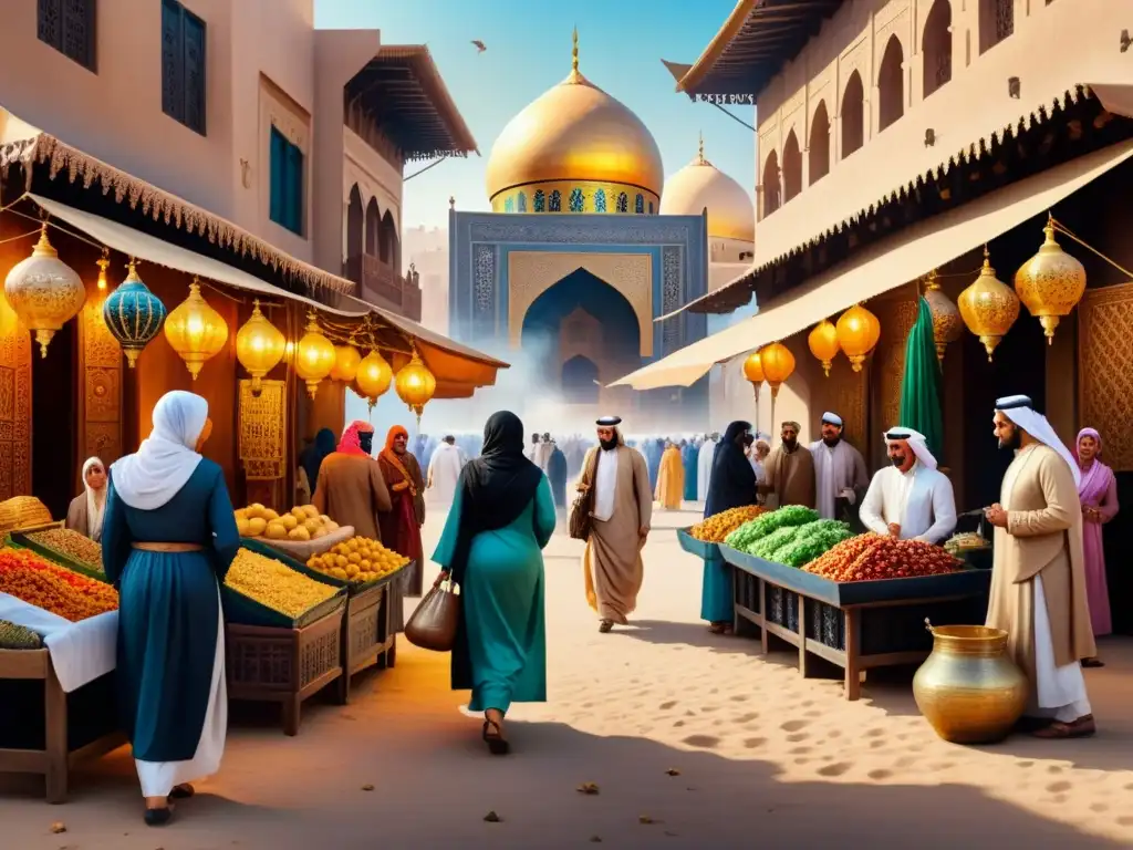 Mercado vibrante del Medio Oriente: tradición y modernidad Un vibrante mercado del Medio Oriente en acuarela, con arte contemporáneo y colores intensos