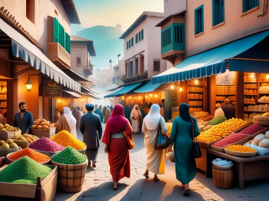 Un vibrante mercado del Medio Oriente en acuarela, reflejando la comunidad y la cultura