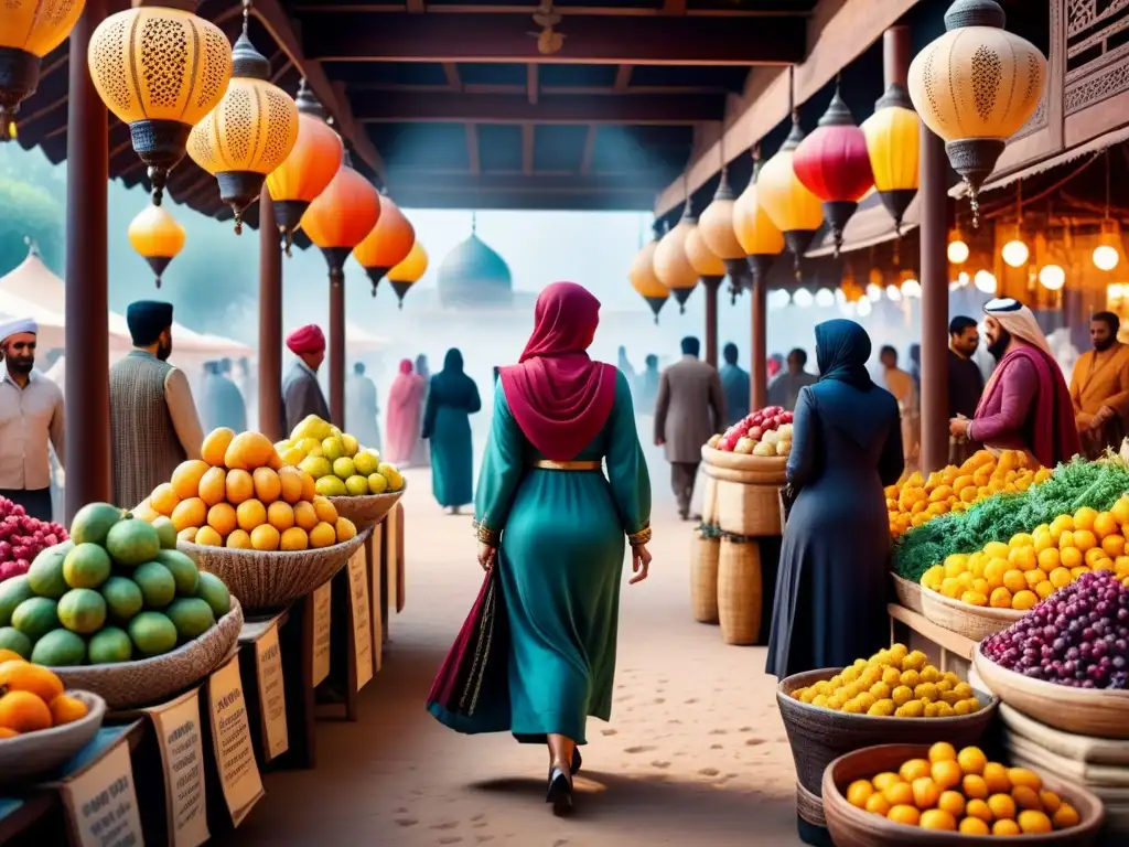 Un vibrante mercado del Medio Oriente en acuarela, lleno de detalles y colores cálidos