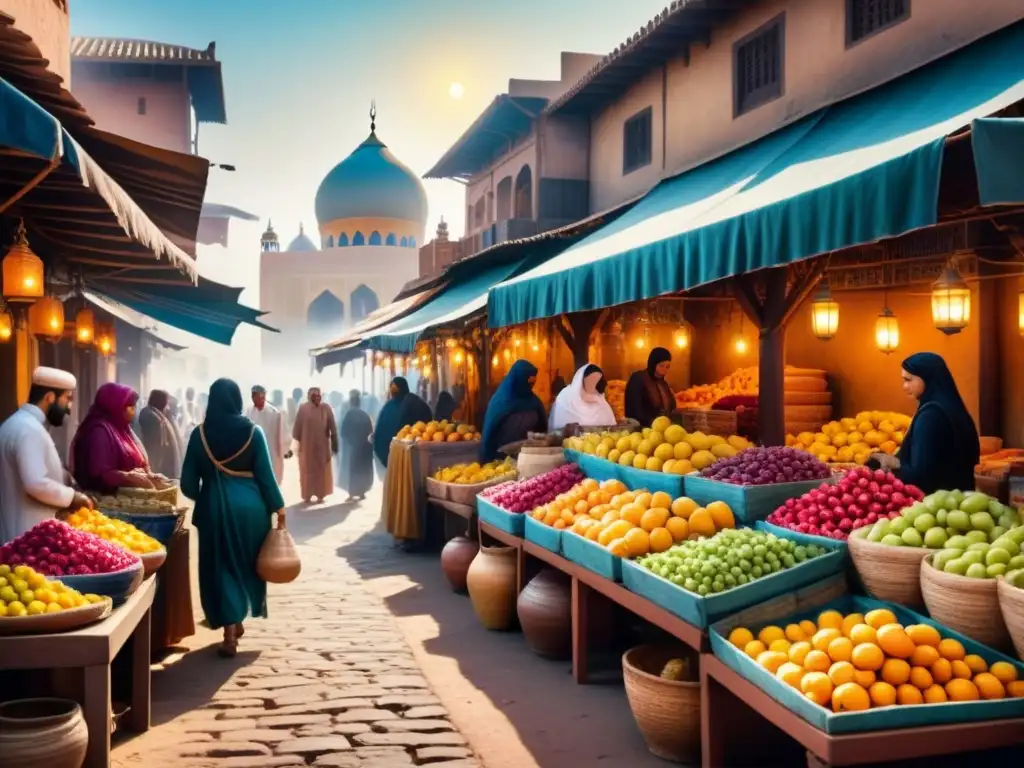 Vibrante mercado de Medio Oriente en arte contemporáneo, con textiles y frutas exóticas bajo el cálido sol