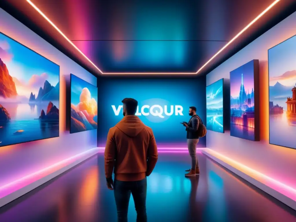 Un vibrante mundo de arte contemporáneo en galerías virtuales, con hologramas y luces neón