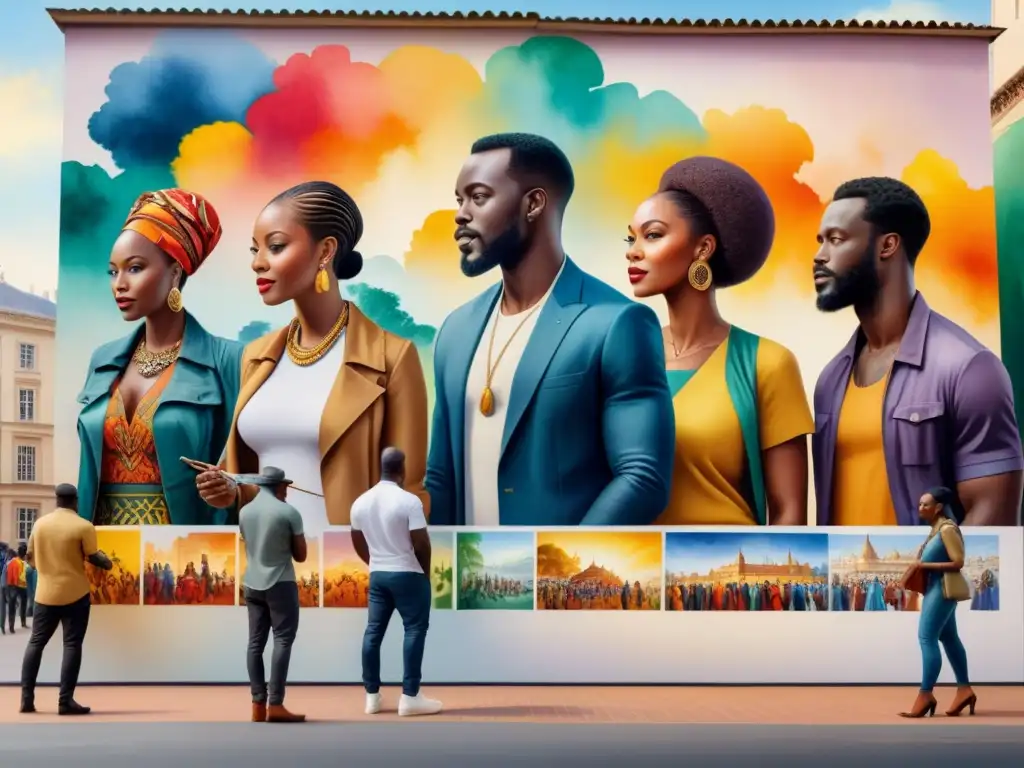 Un vibrante mural en acuarela muestra artistas africanos colaborando en una plaza