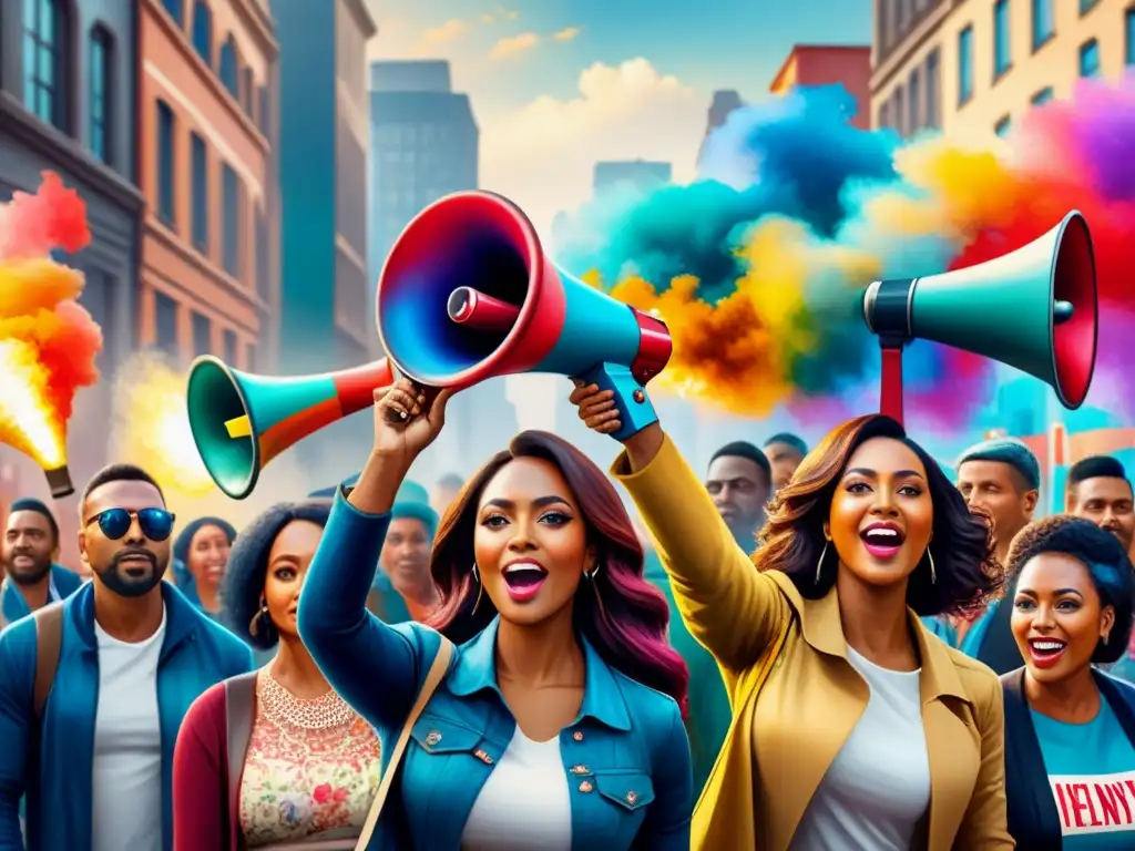 Un vibrante mural de acuarela muestra a personas diversas con megáfonos coloridos y mensajes sociales en distintos idiomas