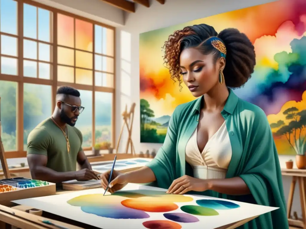 Proyecto artístico africano: mural colaborativo vibrante Un vibrante mural de arte africano contemporáneo colaborativo cobra vida en acuarela