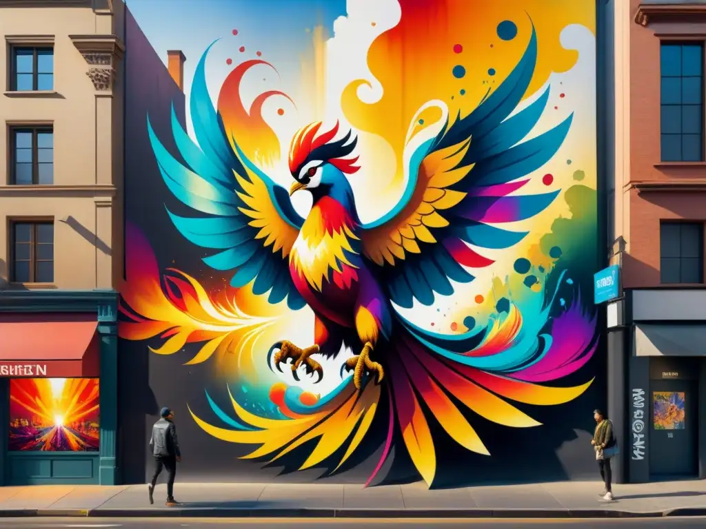 Un vibrante mural de arte callejero muestra la transformación de una ciudad, con una asombrosa representación de un fénix emergiendo de las cenizas