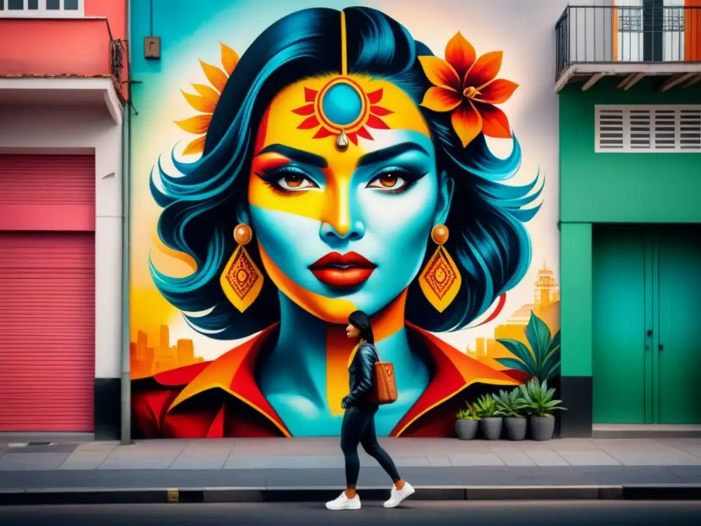 Un vibrante mural de arte callejero latinoamericano que refleja la identidad cultural y la creatividad del arte contemporáneo