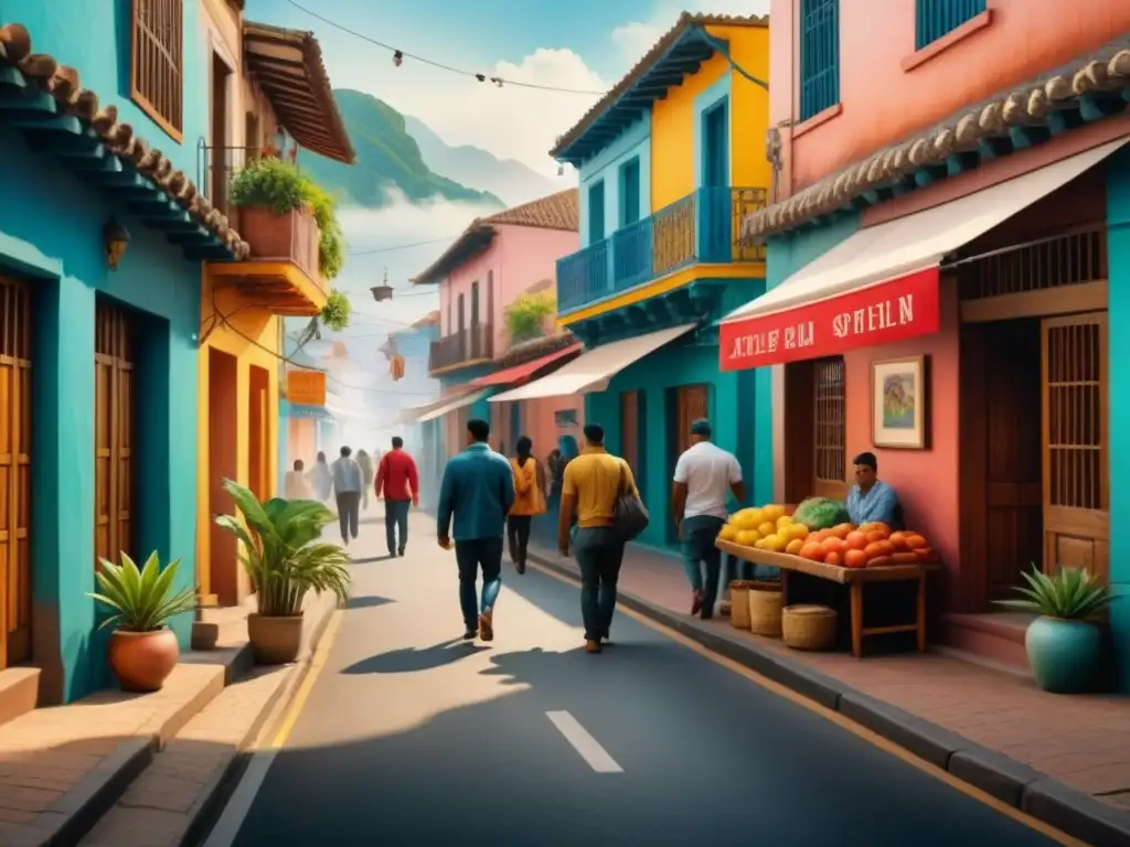 Escena callejera latinoamericana: murales vibrantes y diversidad cultural Un vibrante mural de arte contemporáneo latinoamericano en un bullicioso espacio no convencional