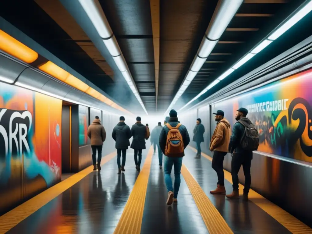 Un vibrante mural de arte subterráneo que muestra artistas creando graffiti en un túnel de metro