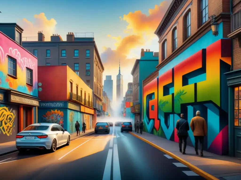 Un vibrante mural de arte urbano que narra historias de cultura con detalles y colores ricos