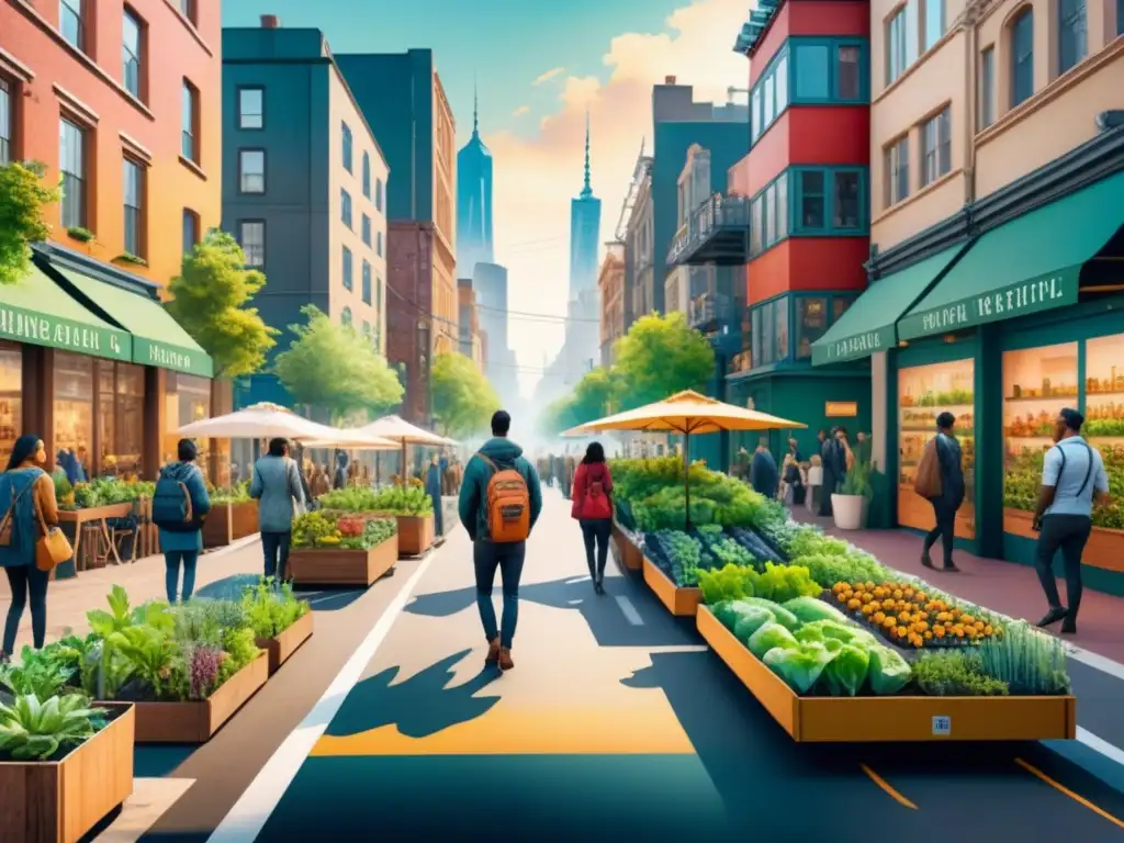 Un vibrante mural de arte urbano sostenible en una calle de la ciudad, con murales coloridos de naturaleza y energía renovable