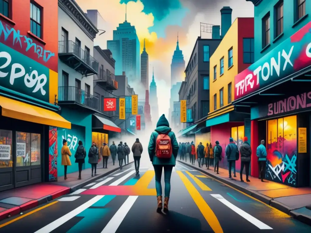 Un vibrante mural de graffiti en la calle que refleja la crítica arte visual Banksy con colores y formas abstractas