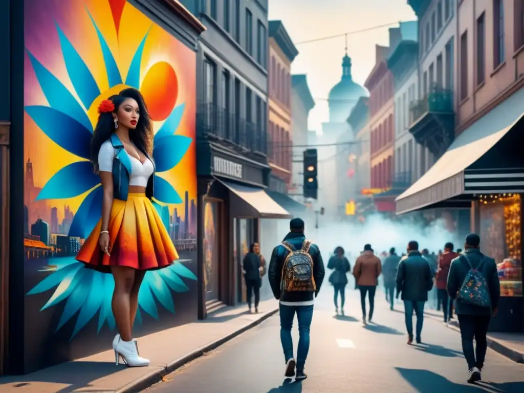 Vibrante escena urbana: artistas callejeros crean murales mientras músico entretiene Un vibrante mural callejero con artistas creando arte en una bulliciosa calle de la ciudad